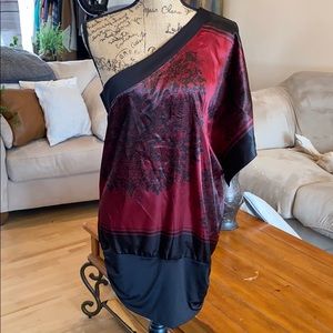 Burgundy & red with black one-shoulder top